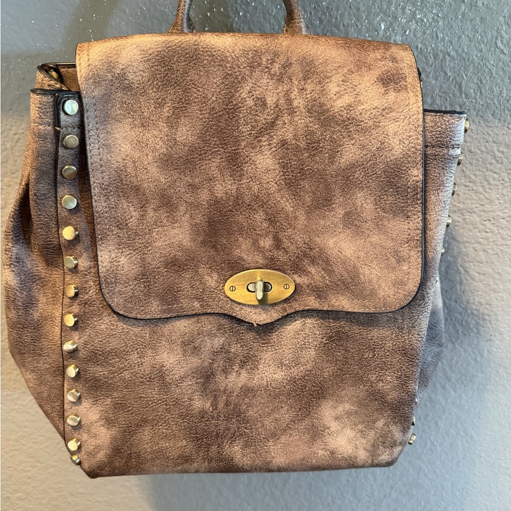 Jen & Co Studded Vegan Leather Convertible Backpack Purse Boho Festival Brown